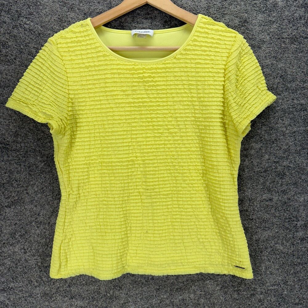 Calvin Klein T-Shirt Women S Small Yellow Ruffle Short Sleeve Lined Round Neck